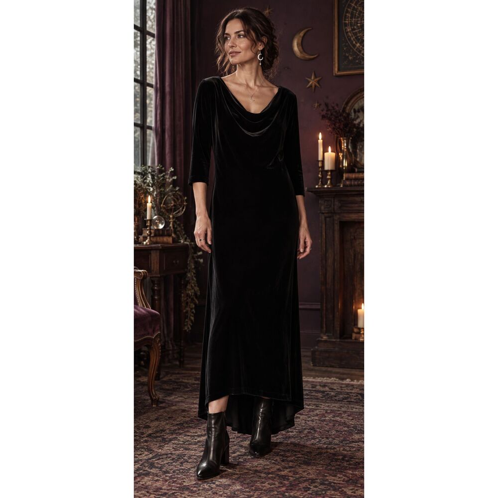 Isabella Bird Black Velvet Hi Low Maxi Dress M Cowl Neck Whimsigoth Witchy